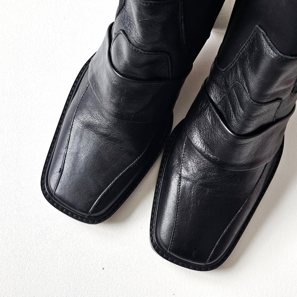 ASOS Black Leather Ankle Sock Boots Square Toe Block Heel Spain Made UK 7 US 9 - Picture 4 of 13